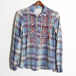 Johnny Was 3J Workshop Plaid Floral Embroidered Button Up Shirt Size Small